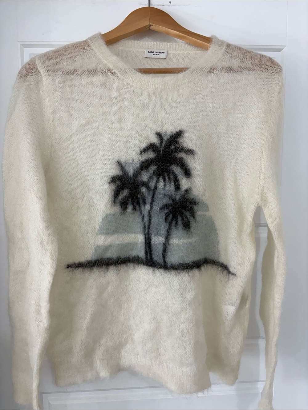 Saint Laurent Cream Mohair Sweater with Black & Gray Palm Motif